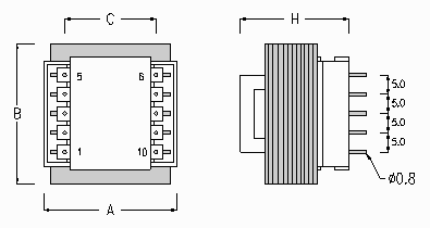 Print Layout & Dimensions - Open Version PCB Mount Transformers 50/60Hz - 0.4-12VA