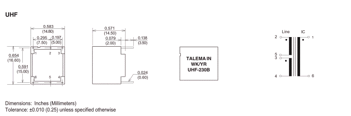 UHF - Dimensions & Schematic - Pins